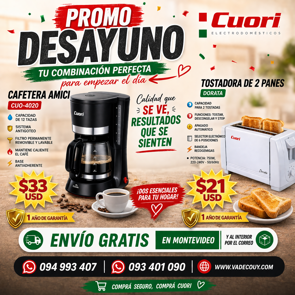 Promo desayuno Cafetera 12 tazas + tostadora 2 panes Cuori